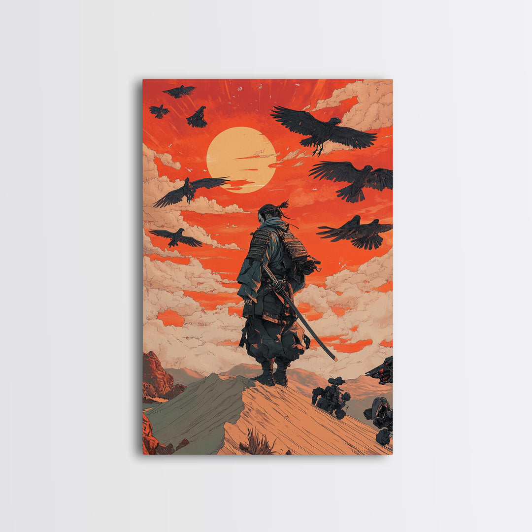 Armored Samurai Beneath Red Sunset And Ravens Canvas Print, Japanese Warrior Wall Art, Desert Fantasy Poster, Office Decor