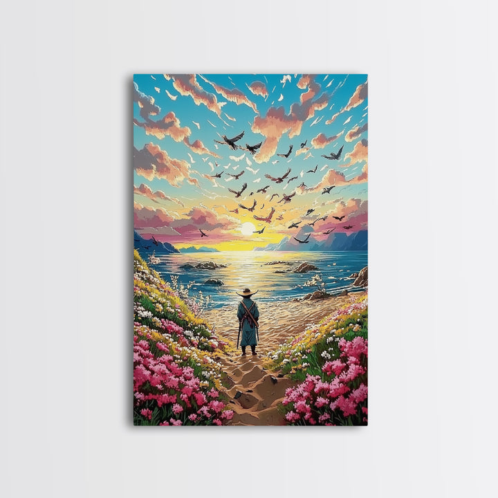Lone Traveler On Wildflower Seaside Path Canvas Print, Coastal Sunset Wall Art, Ocean Landscape Decor, Beach House Print