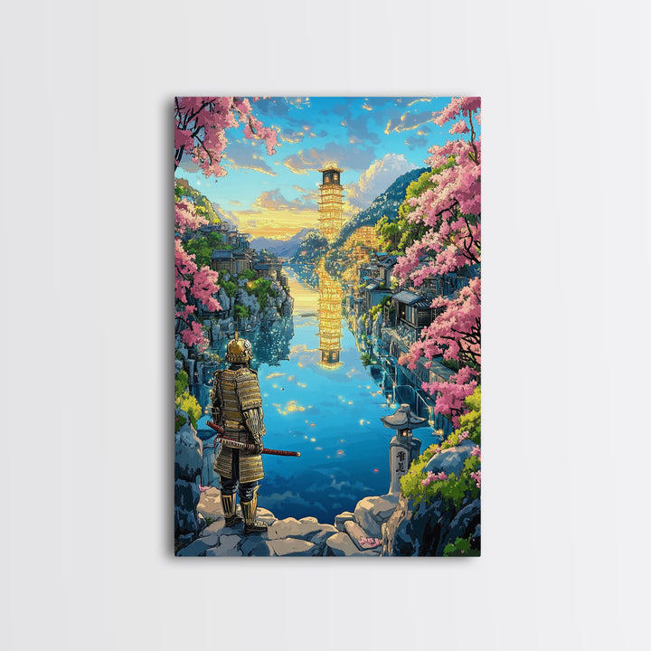 Samurai Overlooking Golden Pagoda Lake Wall Art, Japanese Cherry Blossom Canvas Print, Fantasy Landscape Home Decor Gift
