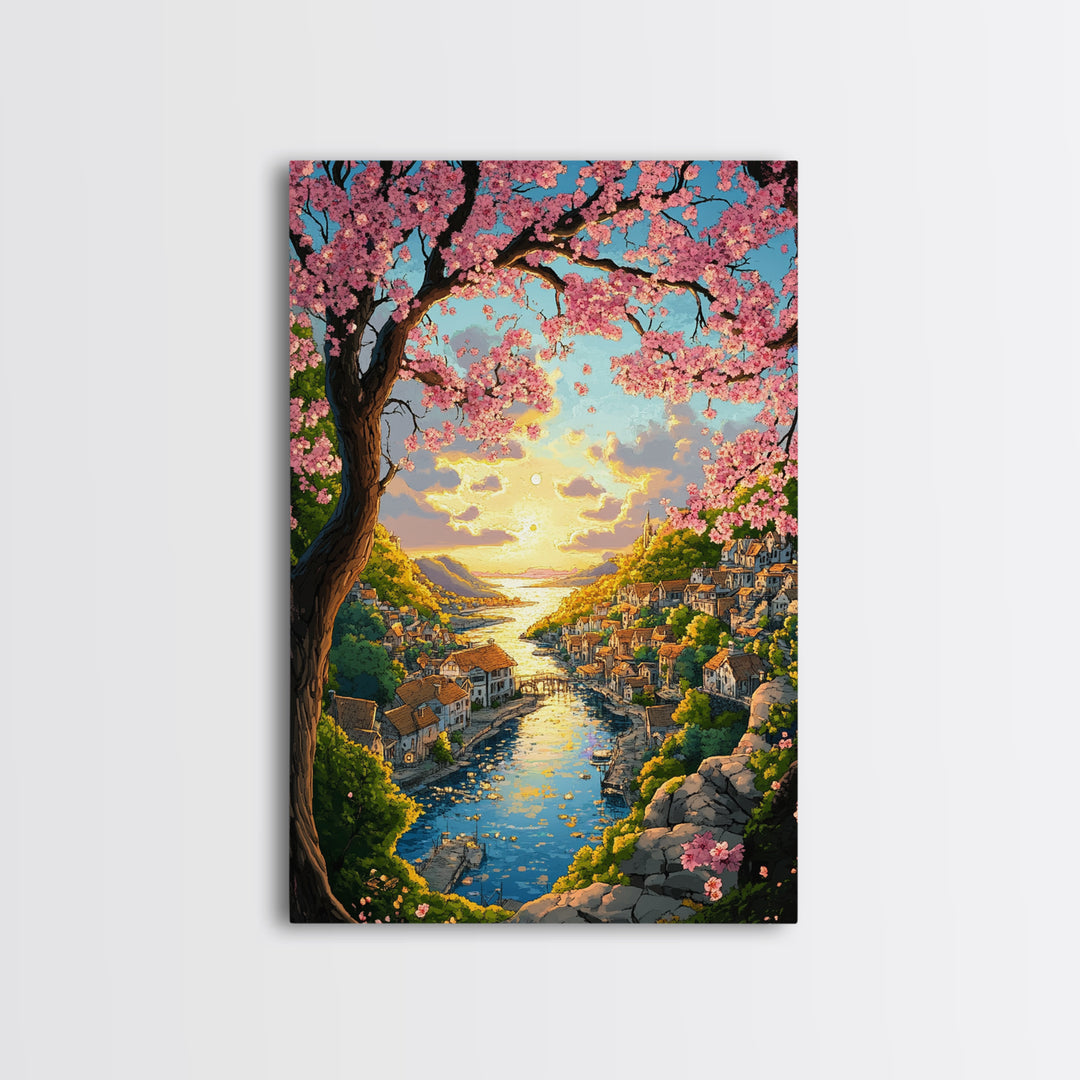 Cherry Blossom River Village Wall Art, Coastal Sunset Canvas Print, Japanese Landscape Art Print For Living Room Decor Gift