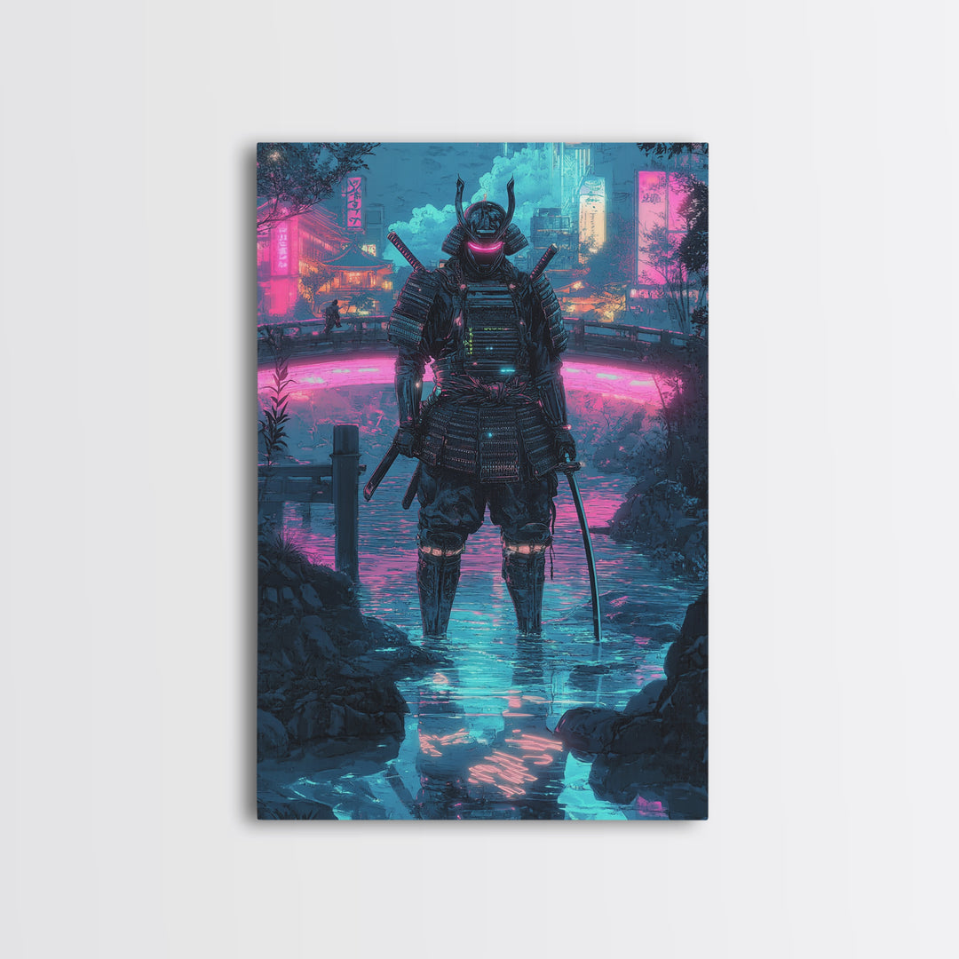 Neon Cyberpunk Samurai In Rain Wall Art, Futuristic City Canvas Print, Japanese Warrior Gaming Room Decor Gift For Him Poster
