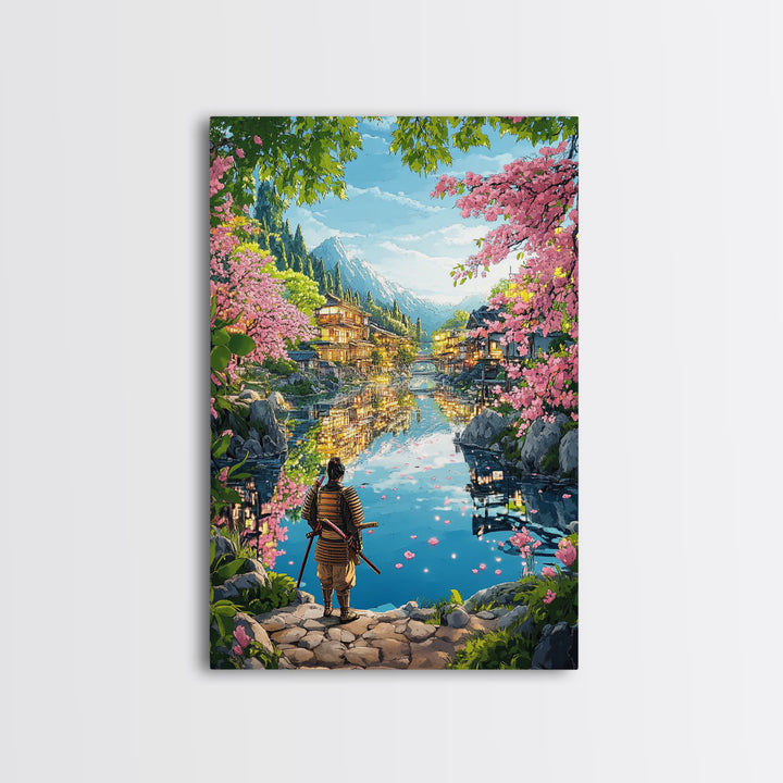 Samurai By Blossom Mountain Lake Wall Art, Japanese Village Framed Canvas Print, Serene Landscape Living Room Decor Gift