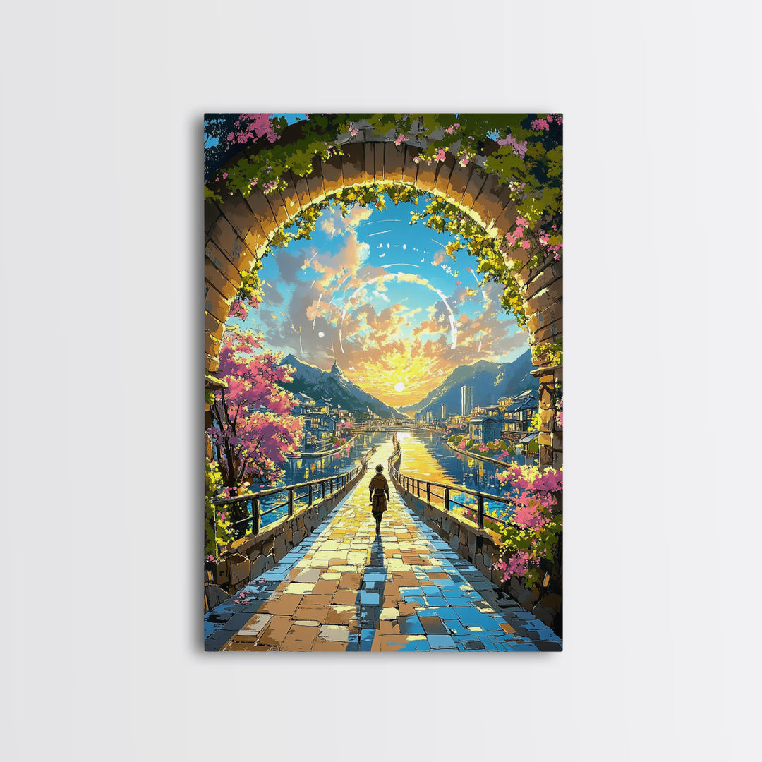 Sunlit Archway Over Canal Wall Art, Japanese Fantasy Canvas Print, Cherry Blossom Landscape Above Bed Decor Gift For Her