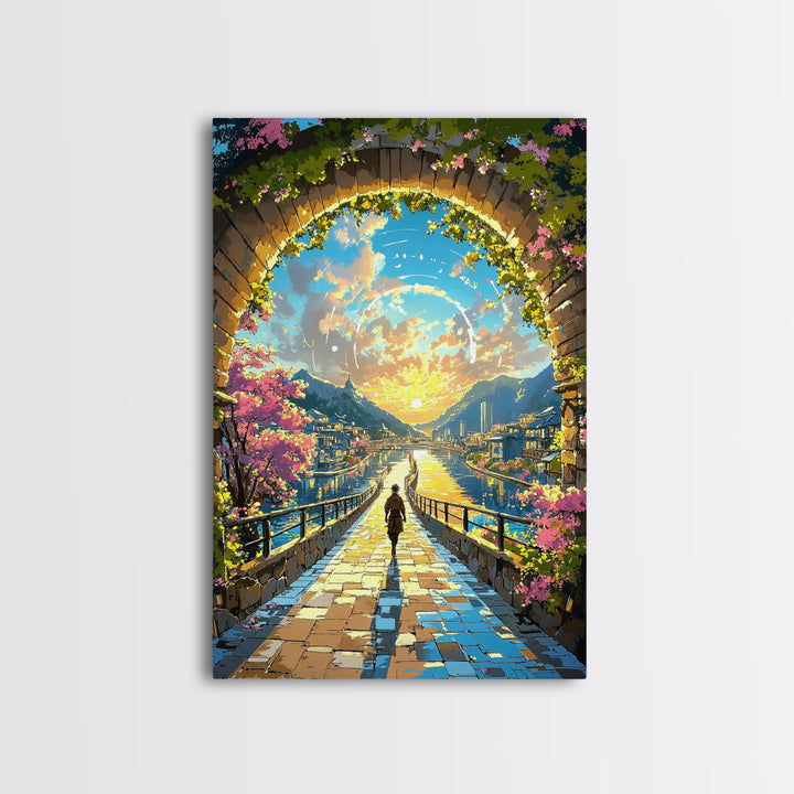 Sunlit Archway Over Canal Wall Art, Japanese Fantasy Canvas Print, Cherry Blossom Landscape Above Bed Decor Gift For Her