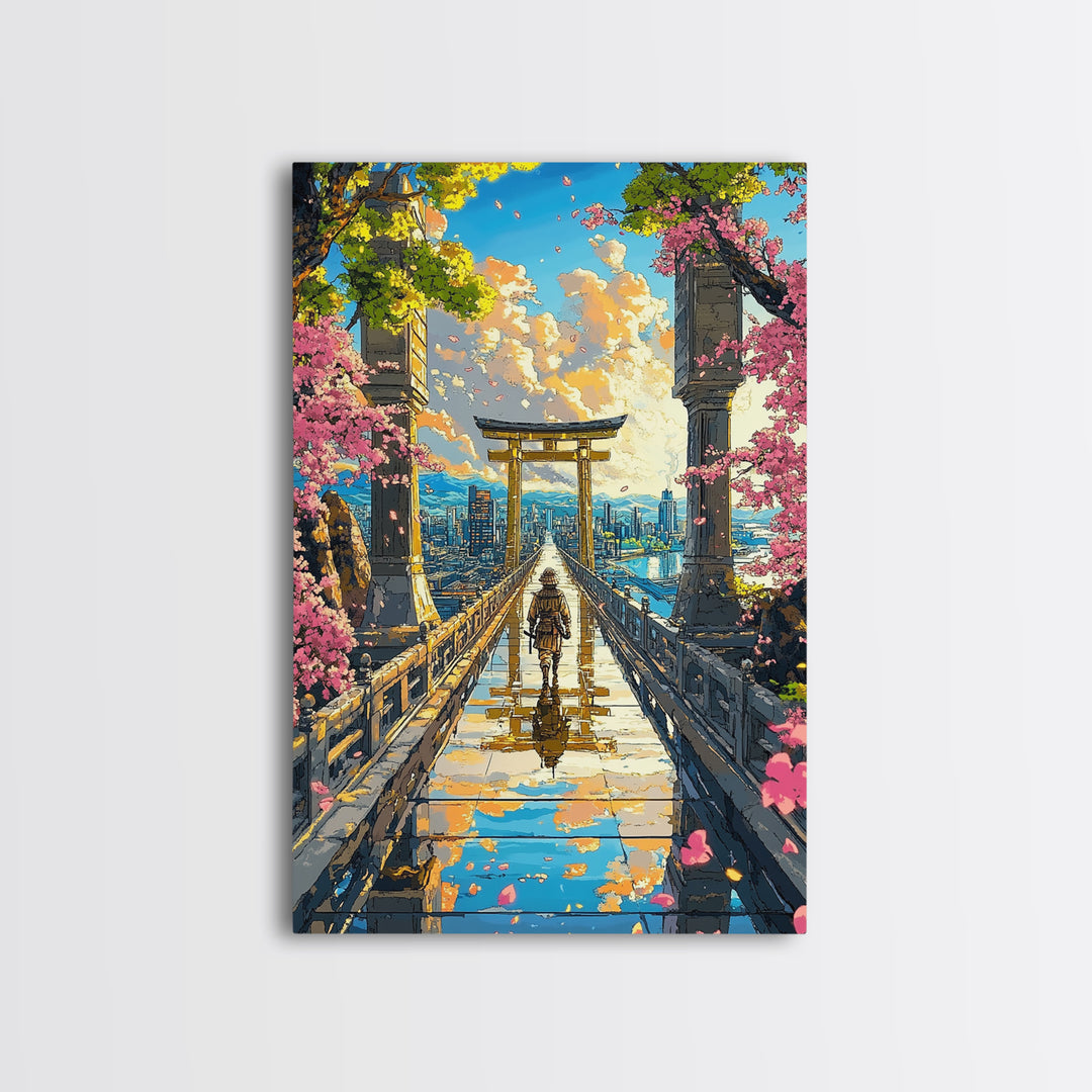 Samurai Crossing Torii Bridge Wall Art, Japanese Cherry Blossom Canvas Print, Scenic City Landscape Home Decor Gift For Her