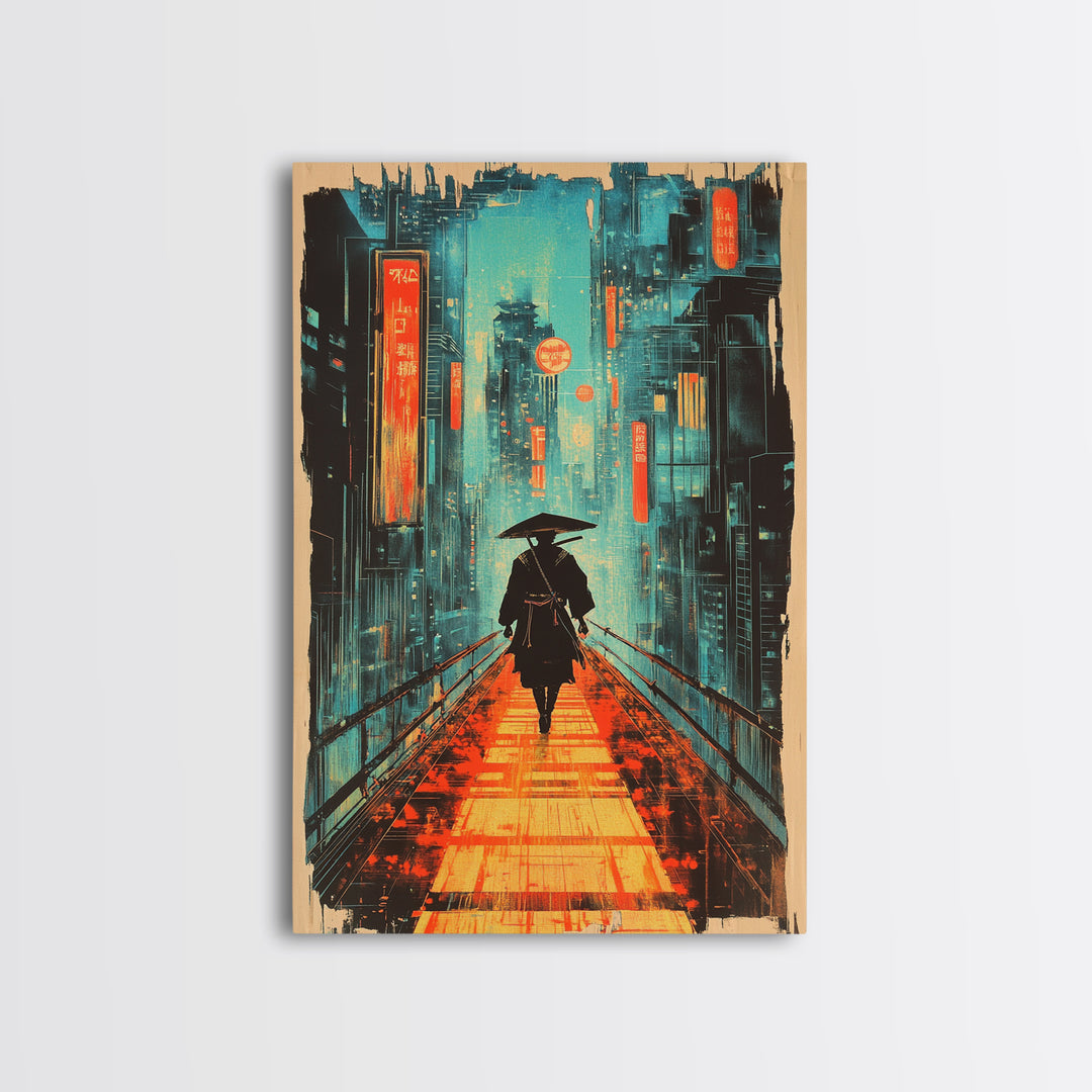 Lone Samurai With Umbrella Wall Art, Neon Cyberpunk City Canvas Print, Japanese Rainy Night Poster Home Office Decor Gift