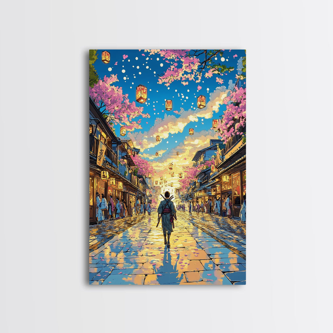 Samurai Lantern Festival Street Wall Art, Japanese Cherry Blossom Canvas Print, Colorful Anime Inspired Home Decor Gift Print