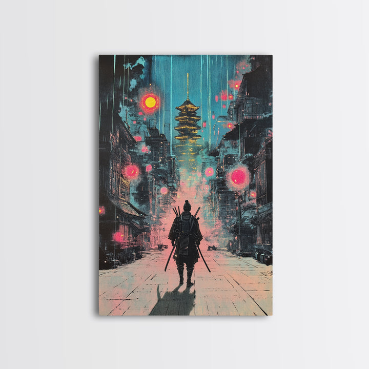 Moody Rain Samurai And Pagoda Wall Art, Japanese Cyberpunk Canvas Print, Dark Neon Cityscape Office Decor Gift For Him Poster