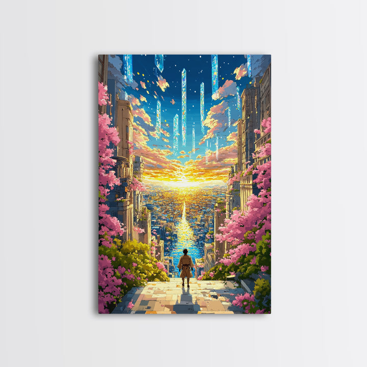 Futuristic City Sunset Vista Wall Art, Cherry Blossom Sci Fi Canvas Print, Vibrant Anime Landscape Living Room Decor Gift