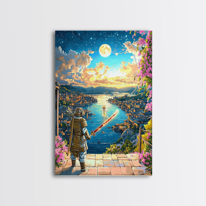 Moonlit Samurai Over Coastal Harbor Wall Art, Japanese Fantasy Landscape, Cherry Blossom Decor, Samurai Canvas, Gift For Him