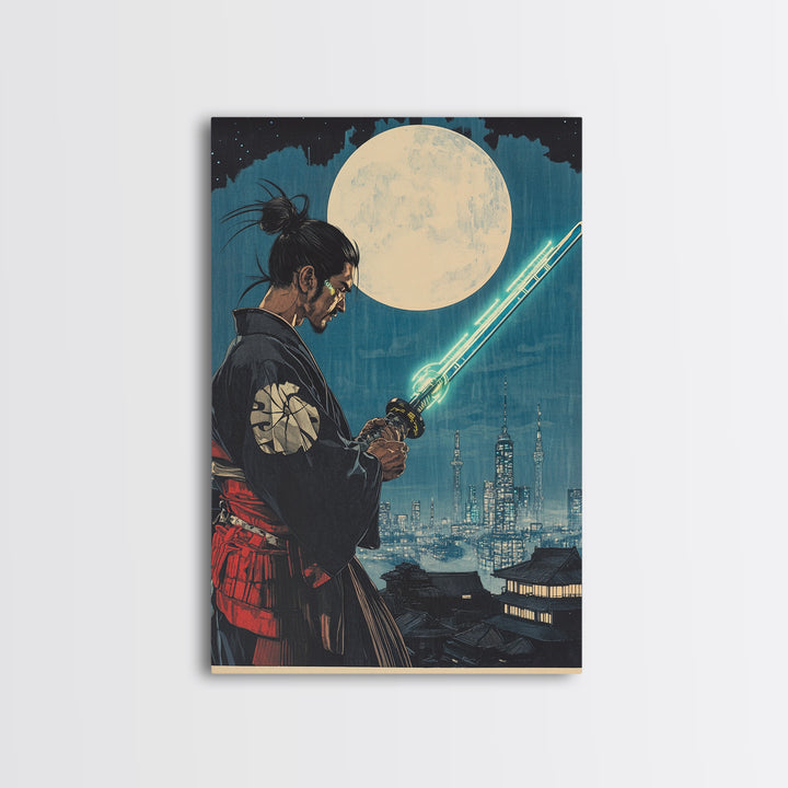 Cyber Samurai Under Full Moon Wall Art, Japanese Warrior Print, Sci Fi Cityscape, Neon Sword Decor, Masculine Office Art
