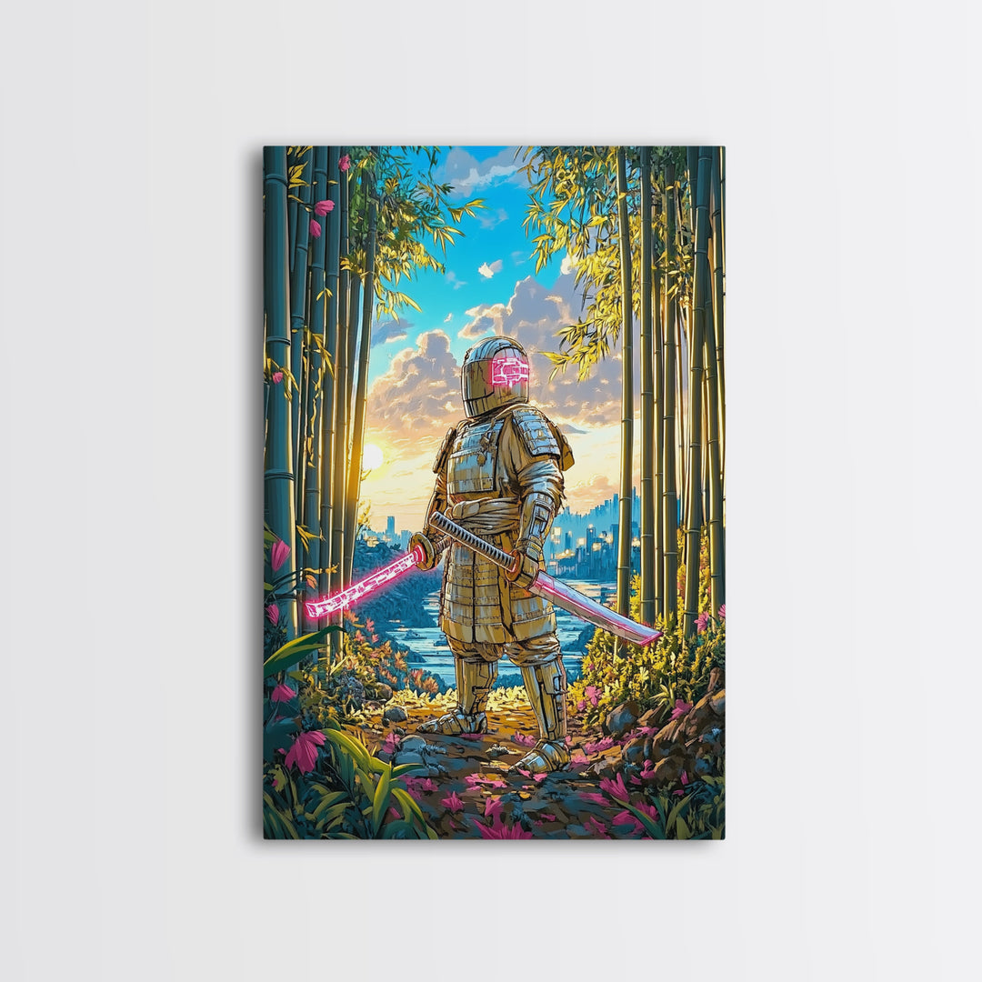 Armored Samurai In Bamboo Forest Canvas Print, Japanese Wall Art, Neon Sword Landscape, Sci Fi Warrior Decor, Gift For Him