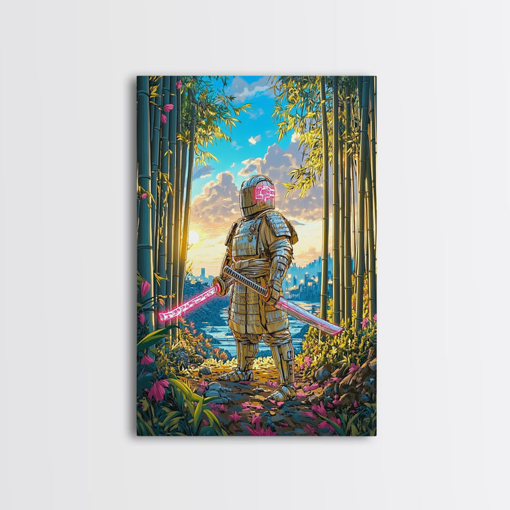 Armored Samurai In Bamboo Forest Canvas Print, Japanese Wall Art, Neon Sword Landscape, Sci Fi Warrior Decor, Gift For Him