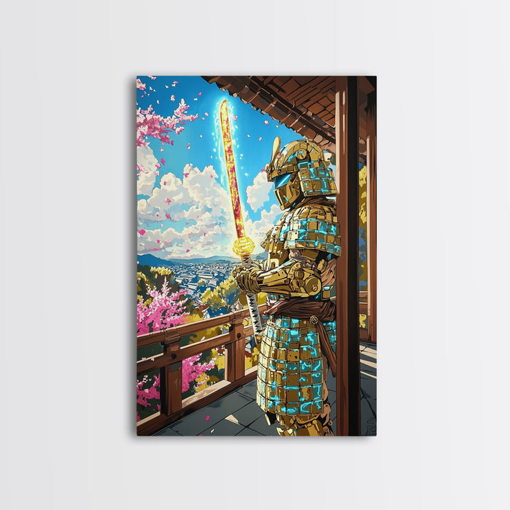 Golden Samurai On Cherry Blossom Balcony Wall Art, Japanese Seascape Print, Fantasy Warrior Wall Decor, Unique Gift For Him