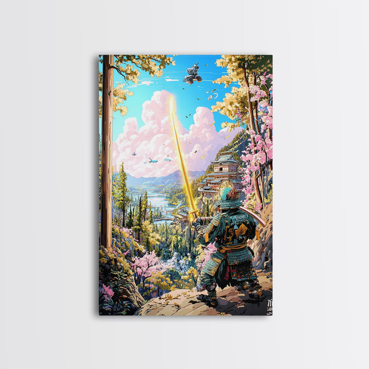 Samurai With Golden Sword Above Mountain Castle Wall Art, Japanese Landscape Print, Cherry Blossom Decor, Fantasy Wall Decor
