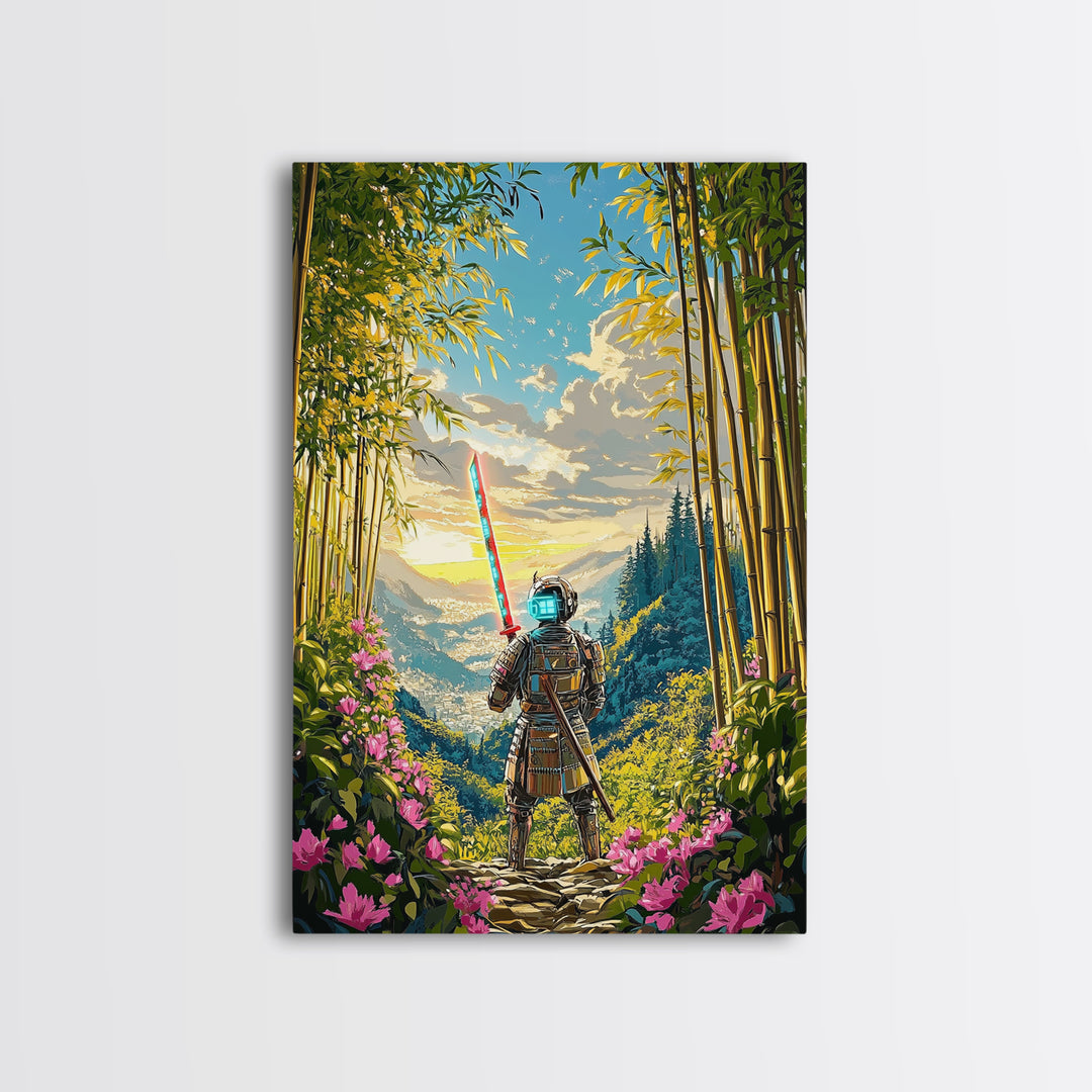 Neon Samurai In Bamboo Mountain Valley Canvas Print, Japanese Wall Art, Sunrise Landscape, Fantasy Home Decor, Gift For Him