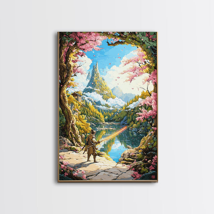 Wandering Samurai By Lake And Mountain Castle Wall Art, Japanese Fantasy Landscape, Cherry Blossom Print, Scenic Home Decor