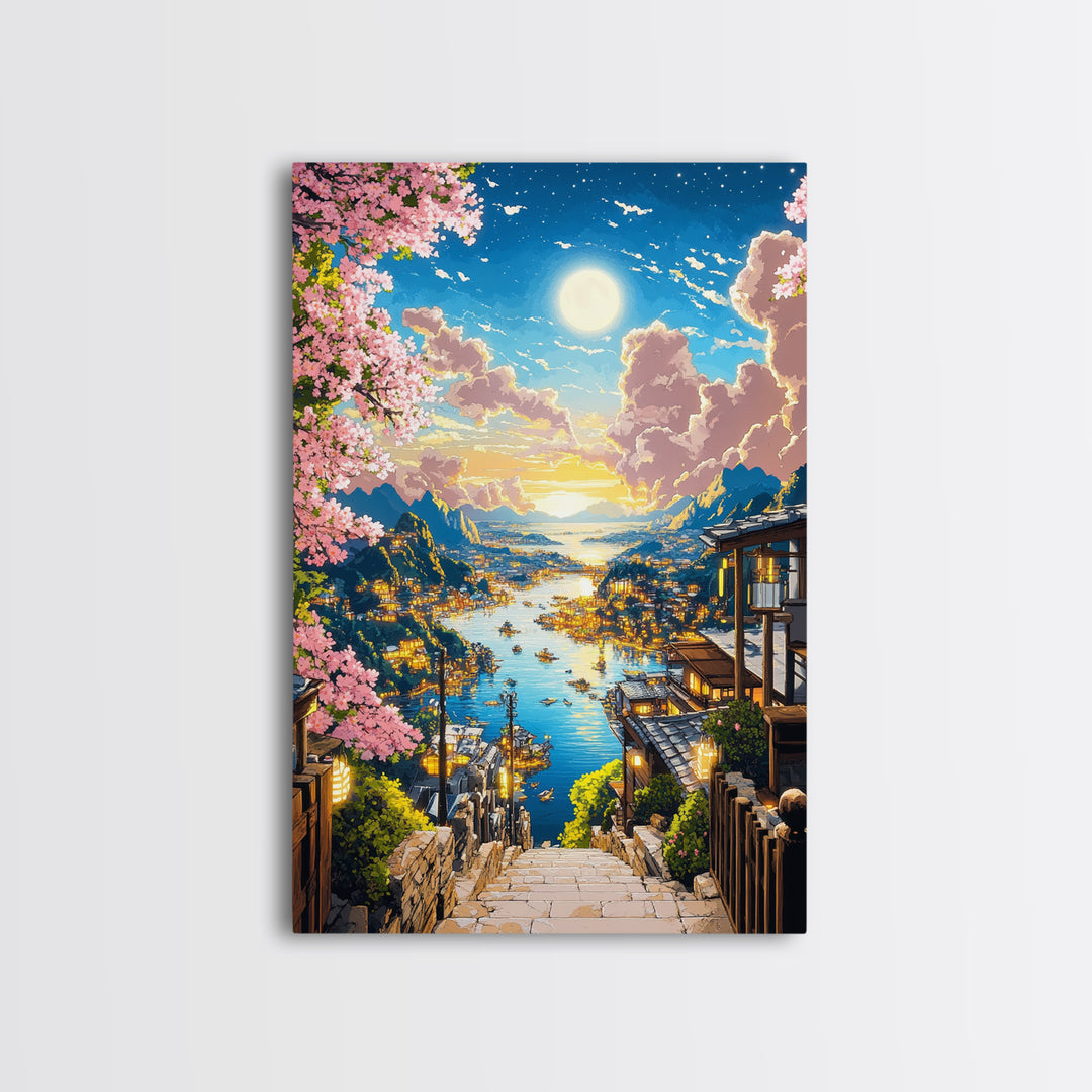 Moonlit Harbor Steps With Cherry Blossoms Wall Art, Japanese Coastal Landscape, Fantasy Seascape Print, Living Room Decor