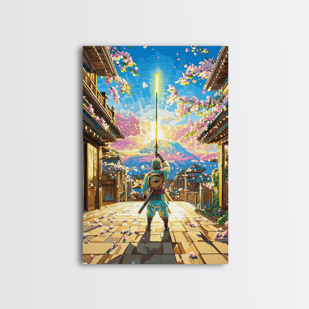 Samurai Raising Neon Sword In Cherry Blossom Village Canvas Print, Japanese Wall Art, Mount Fuji Decor, Fantasy Gift For Him