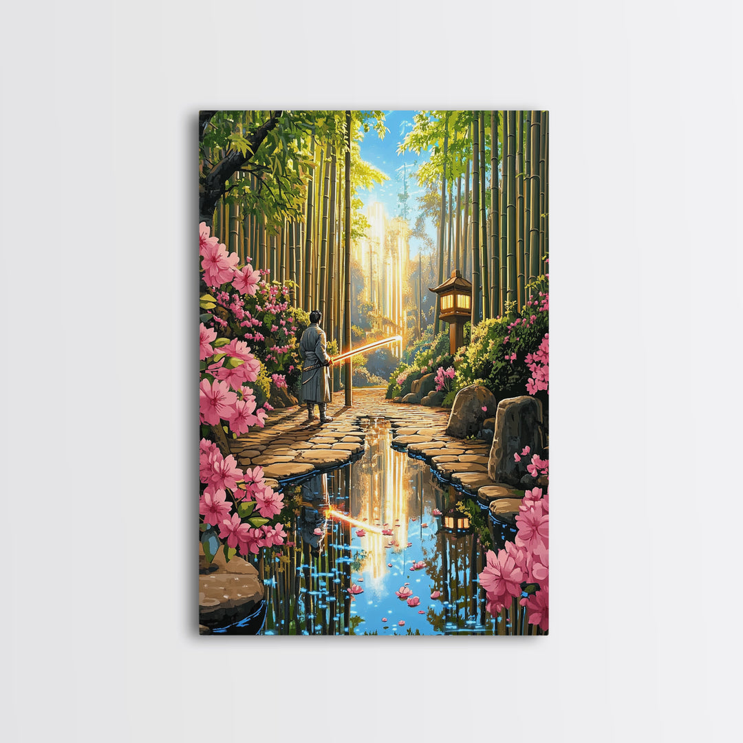 Samurai In Bamboo Garden With Cherry Blossoms Wall Art, Japanese Fantasy Canvas, Zen Landscape, Living Room Decor, Home Decor Gift