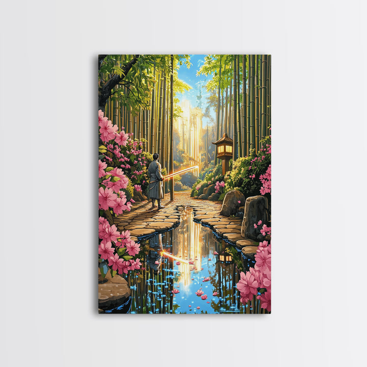 Samurai In Bamboo Garden With Cherry Blossoms Wall Art, Japanese Fantasy Canvas, Zen Landscape, Living Room Decor, Home Decor Gift