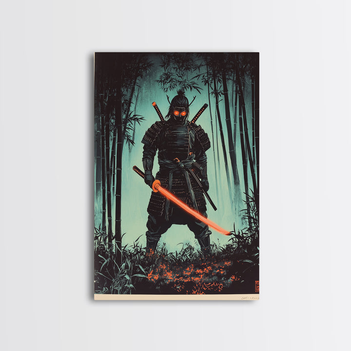 Dark Samurai In Bamboo Forest Framed Canvas Print, Japanese Warrior Wall Decor, Cyberpunk Fantasy Art, Gift For Him, Moody Office Decor