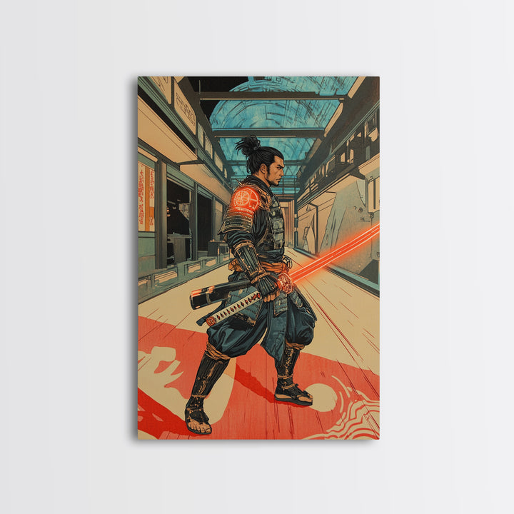 Futuristic Samurai In Subway Station Canvas Print, Japanese Cyberpunk Warrior, Sci Fi Wall Art, Gaming Room Decor Gift Idea