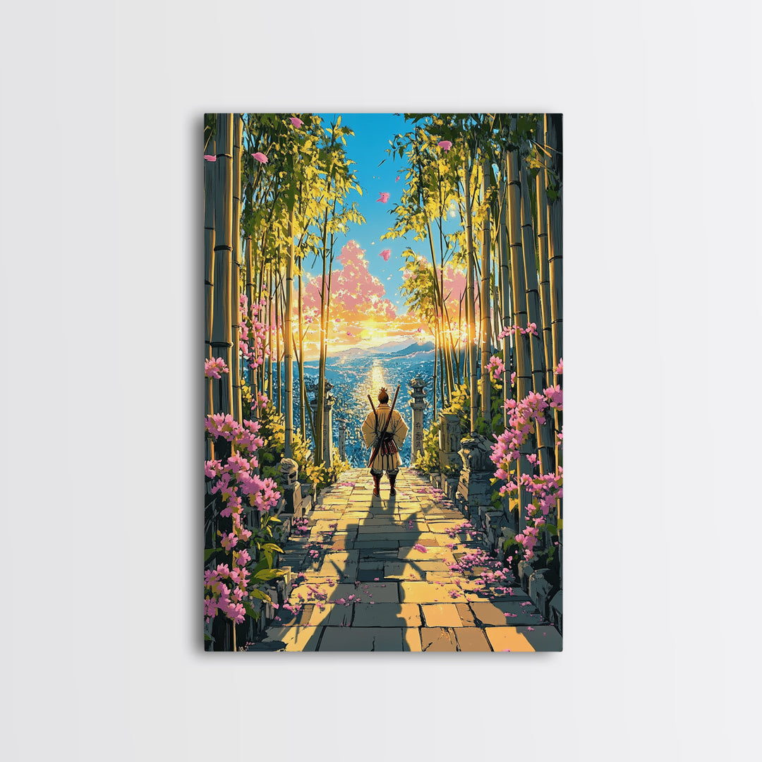 Lone Samurai On Bamboo Path At Sunrise Wall Art, Japanese Landscape Canvas, Cherry Blossom Decor, Zen Living Room Art, Housewarming Gift
