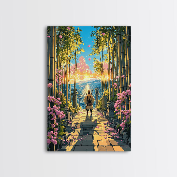 Lone Samurai On Bamboo Path At Sunrise Wall Art, Japanese Landscape Canvas, Cherry Blossom Decor, Zen Living Room Art, Housewarming Gift