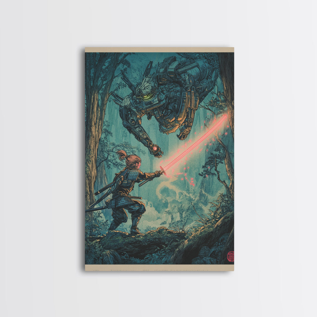 Samurai Battling Giant Mech In Forest Framed Canvas Print, Sci Fi Fantasy Wall Art, Cyberpunk Gamer Room Decor Gift For Him