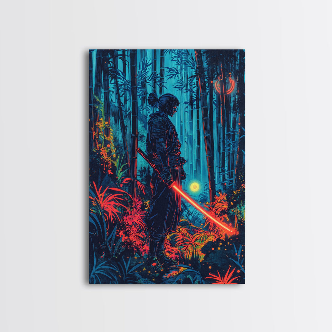 Neon Samurai In Blue Bamboo Forest Canvas Print, Cyberpunk Japanese Wall Art, Dark Fantasy Decor, Gaming Room Gift For Him
