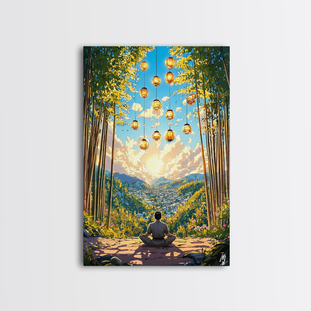 Meditating Figure In Bamboo Valley With Lanterns Wall Art, Zen Landscape Canvas, Japandi Decor, Calm Meditation Room Art