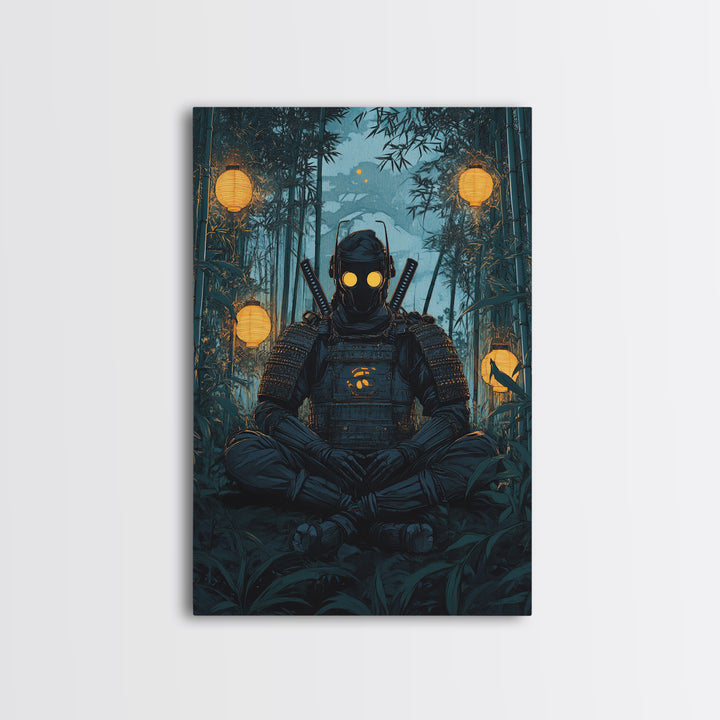 Masked Samurai Meditating In Bamboo Forest Framed Canvas Print, Dark Japanese Wall Art, Zen Warrior Decor, Gift For Him, Man Cave
