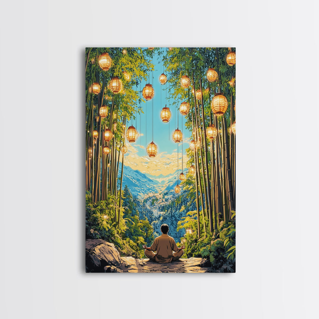 Lantern Lit Bamboo Meditation Mountain Wall Art, Japanese Zen Decor, Spiritual Nature Print, Calming Office Living Room Decor