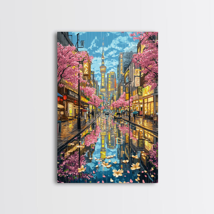 Rainy Tokyo Cherry Blossom Street Wall Art, Japanese Cityscape Print, Neon Urban Travel Poster, Modern Living Room Decor