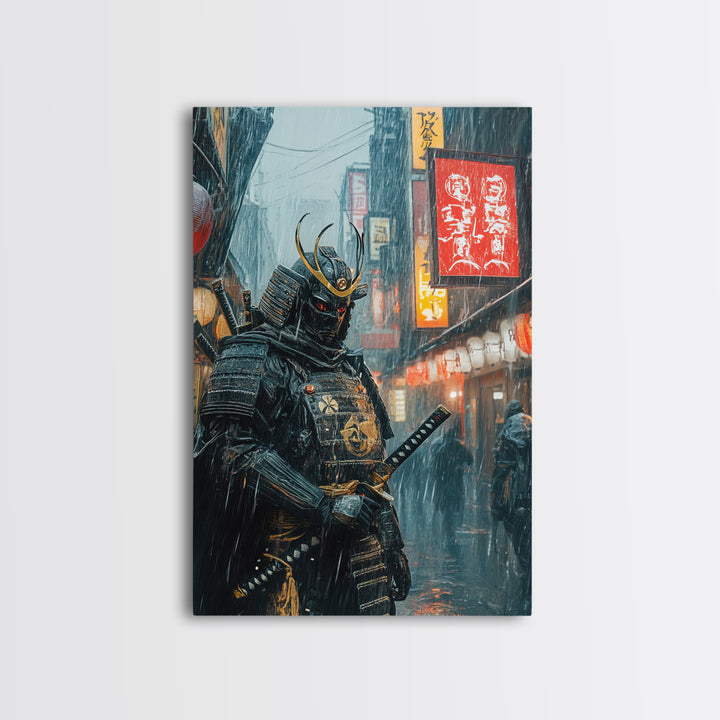 Armored Samurai In Rainy Neon Alley Canvas Print, Japanese Warrior Wall Art, Cyberpunk Decor, Dramatic Office Poster Gift For Him