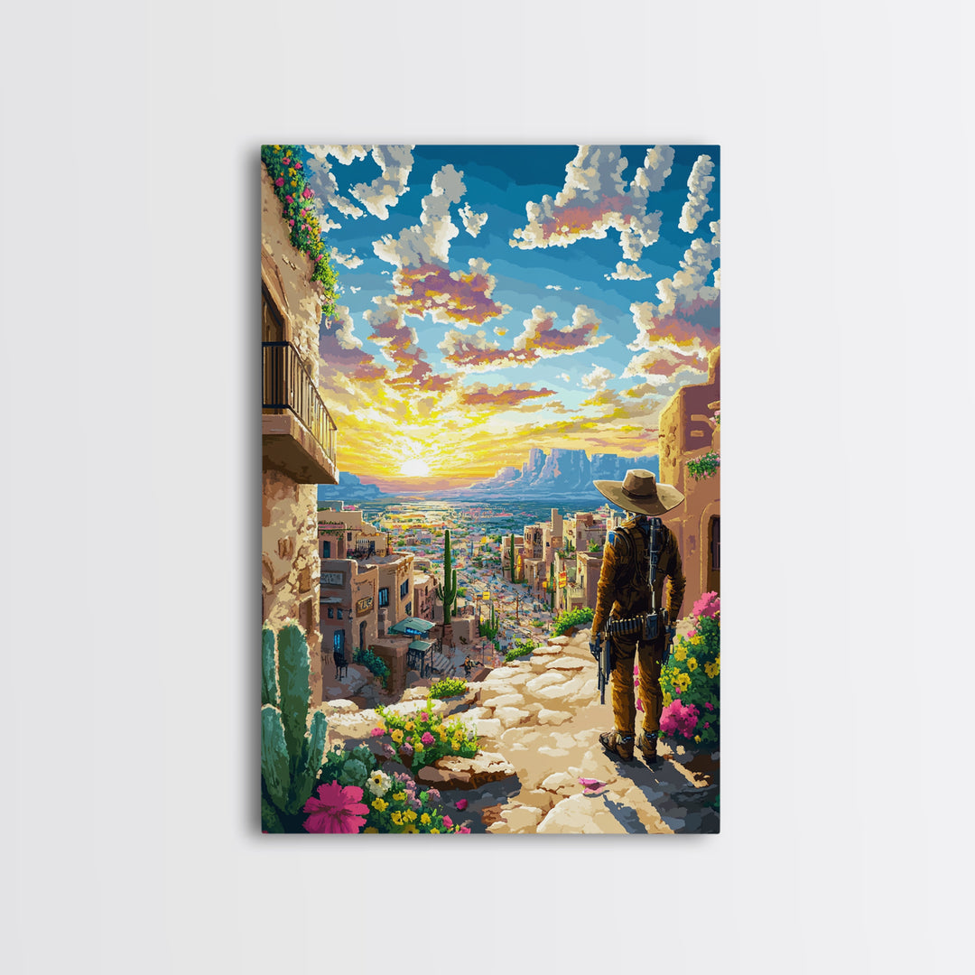Sunset Adobe Desert Town Cowboy Wall Art, Southwestern Landscape Print, Western Home Decor, Colorful Travel Poster, Housewarming Gift