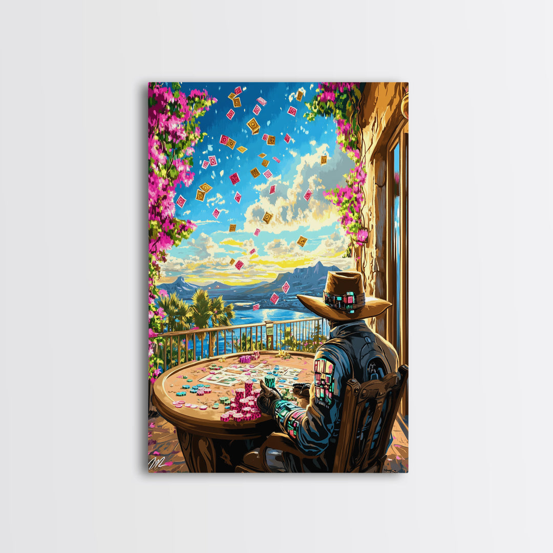 Cyber Cowboy Poker Terrace Wall Art, Southwestern Desert Canvas Print, Futuristic Western Decor, Game Room Unique Gift For Him