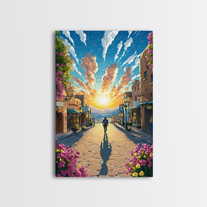 Golden Sunrise Cobblestone Village Wall Art, Mediterranean Landscape Print, Travel Poster, Warm Entryway Home Decor, Living Room Decor