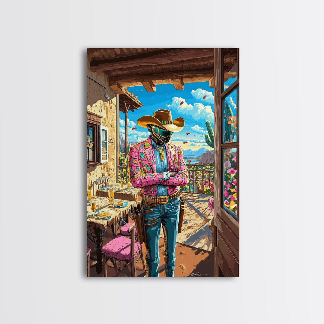 Floral Jacket Cyber Cowboy Portrait Wall Art, Futuristic Western Canvas Print, Desert Fashion Poster, Bold Maximalist Decor