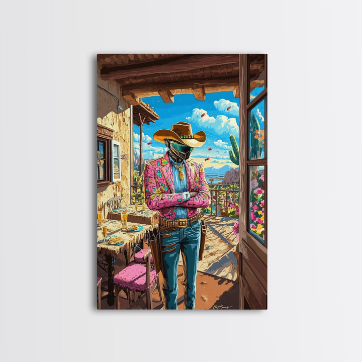 Floral Jacket Cyber Cowboy Portrait Wall Art, Futuristic Western Canvas Print, Desert Fashion Poster, Bold Maximalist Decor