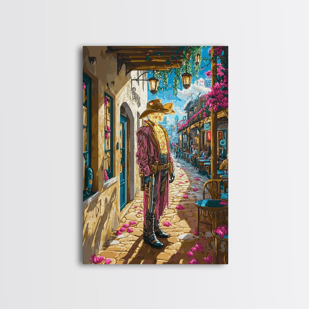Cyber Western Cowboy In Sunlit Old Town Wall Art, Southwestern Travel Poster, Futuristic Canvas Print, Eclectic Home Decor