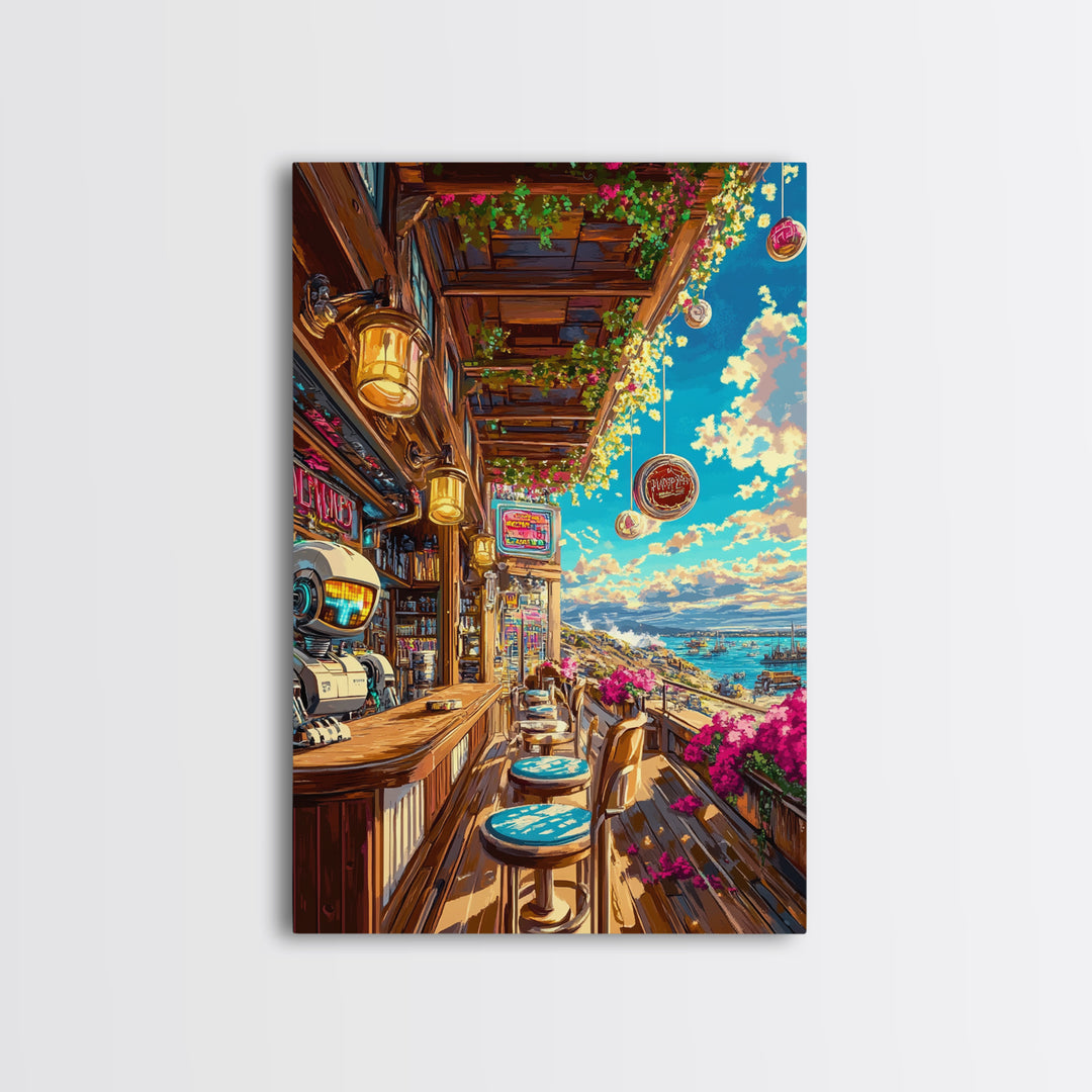 Seaside Sci Fi Cafe Balcony At Golden Hour Framed Canvas Print, Coastal Wall Art, Travel Poster, Living Room Ocean View Home Decor