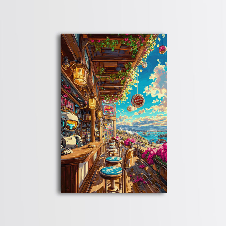 Seaside Sci Fi Cafe Balcony At Golden Hour Framed Canvas Print, Coastal Wall Art, Travel Poster, Living Room Ocean View Home Decor