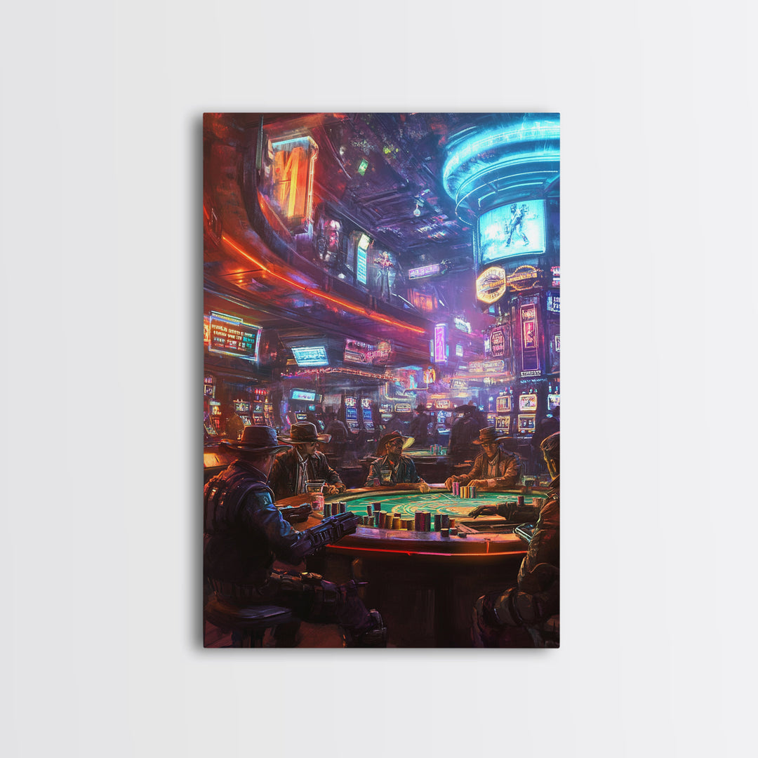 Neon Cyberpunk Poker Room With Outlaws Canvas Print, Futuristic Wall Art, Casino Poster, Man Cave And Game Room Decor For Him Gift