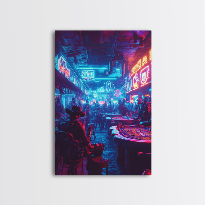 Blue Pink Neon Western Casino Bar Wall Art, Cyberpunk Poster, Futuristic Gaming Room Decor, Man Cave Gift For Him, Trendy Sci Fi Home Decor