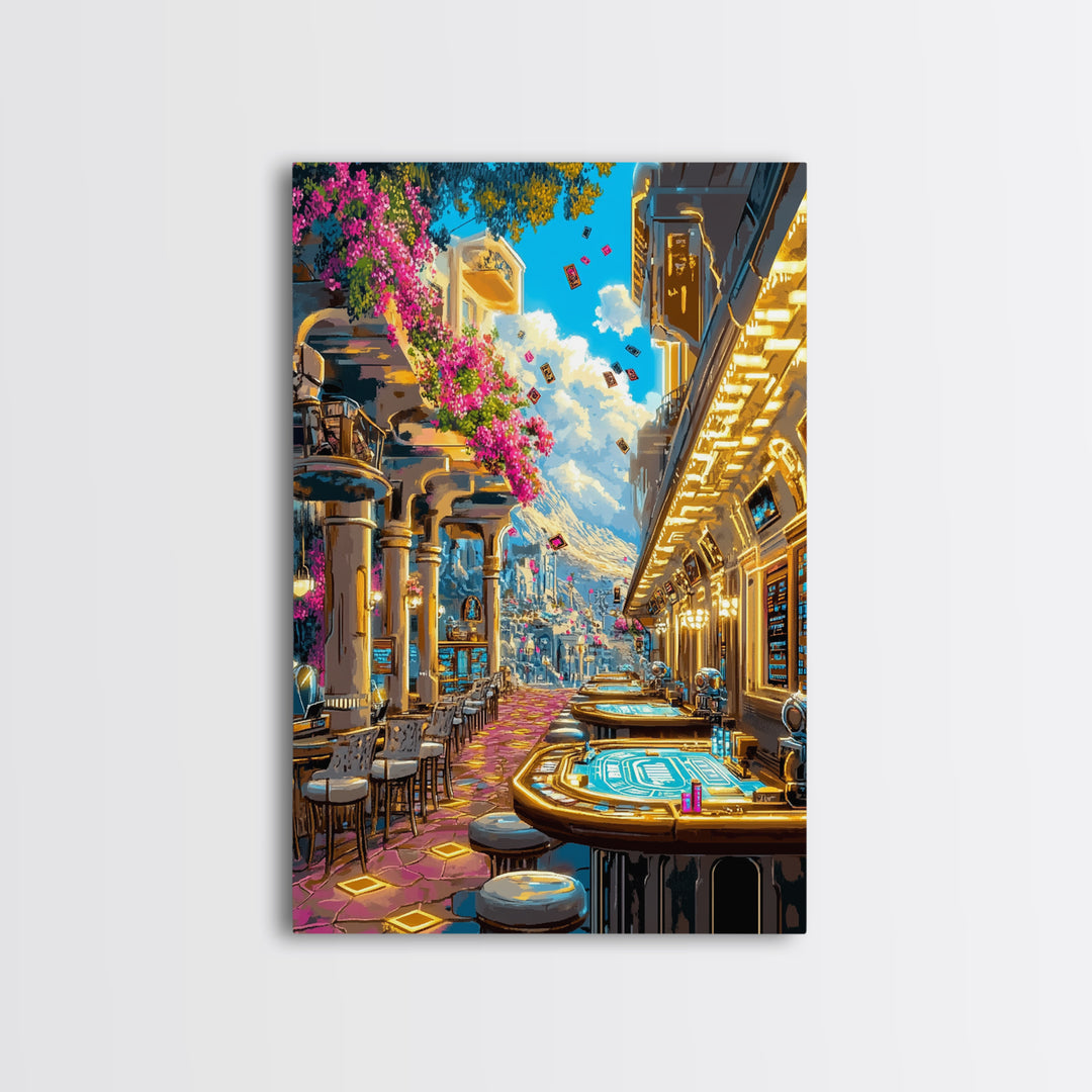 Futuristic Flower Lined Casino Street Canvas Print, Colorful Wall Art, Sci Fi City Travel Poster, Modern Living Room Decor