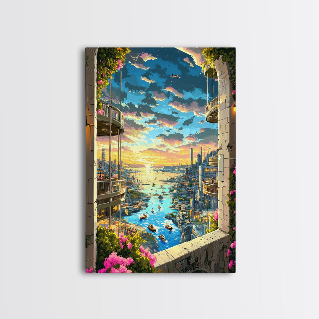 Sunset Harbor City View Between Balconies Framed Canvas Print, Coastal Wall Art, Fantasy Landscape, Above Bed Decor, Living Room Decor