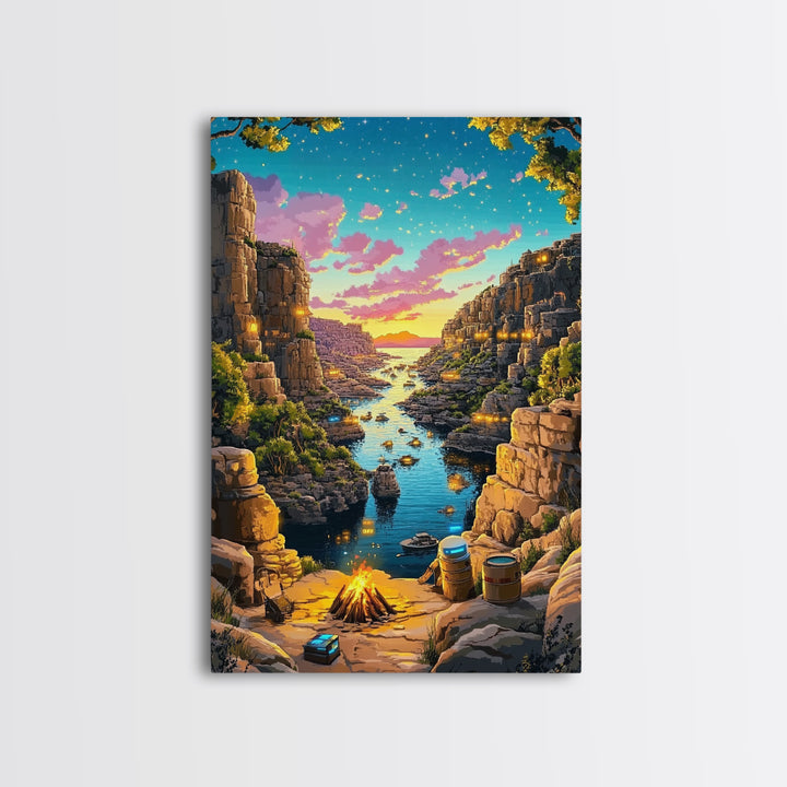 Starry Canyon River Camp At Sunset Canvas Print, Fantasy Wall Art, Adventure Landscape, Rustic Cabin And Game Room Decor