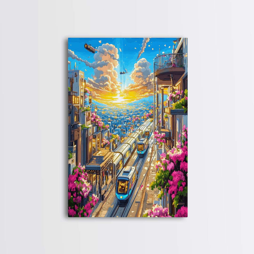 Sunset City Train Tracks With Flower Balconies Canvas Print, Futuristic Wall Art, Urban Travel Poster, Modern Home Decor